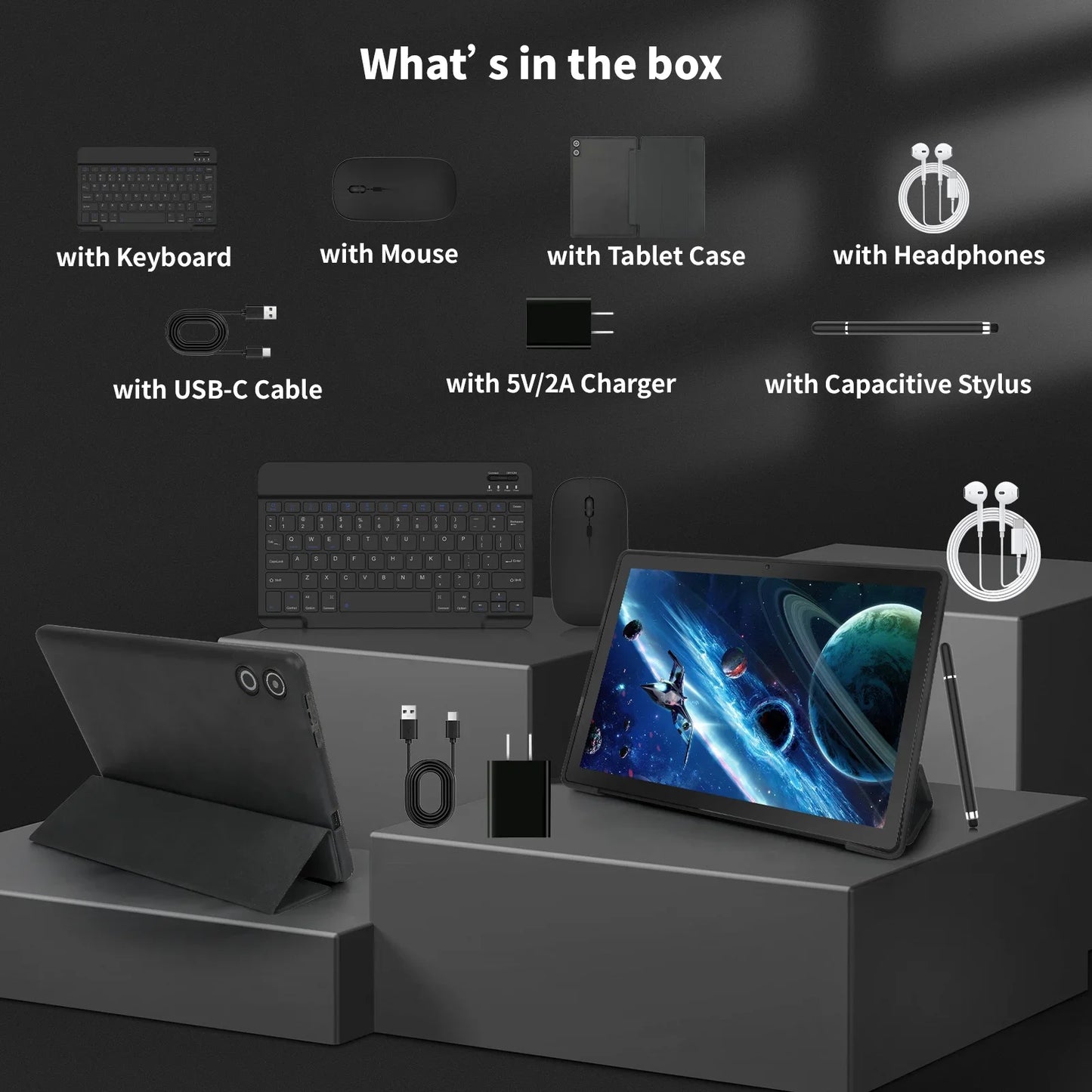 Android 14 10 Inch Tablet 8GB RAM 64GB ROM Keyboard Mouse Set - Clear Blue Hub