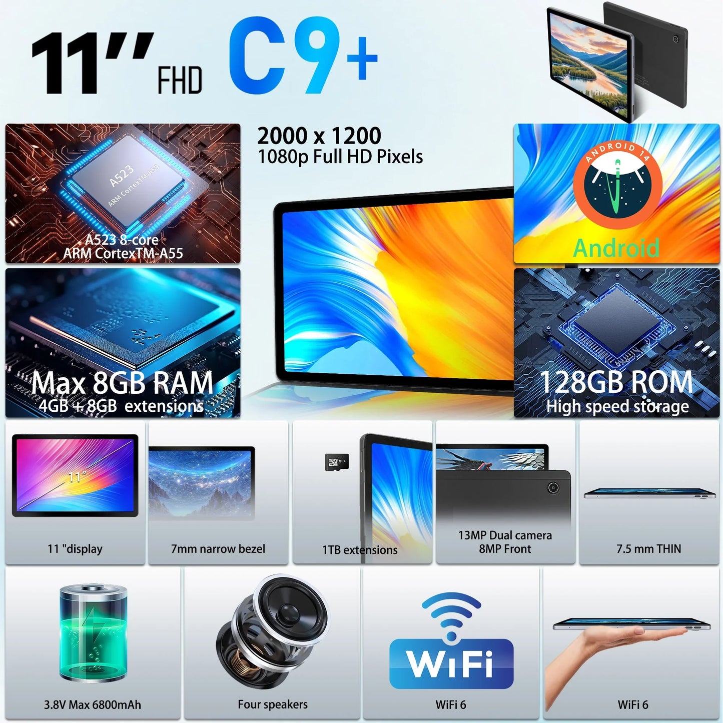 11 Inch Android 14 Tablet 12GB RAM 128GB ROM Octa-Core - Clear Blue Hub 