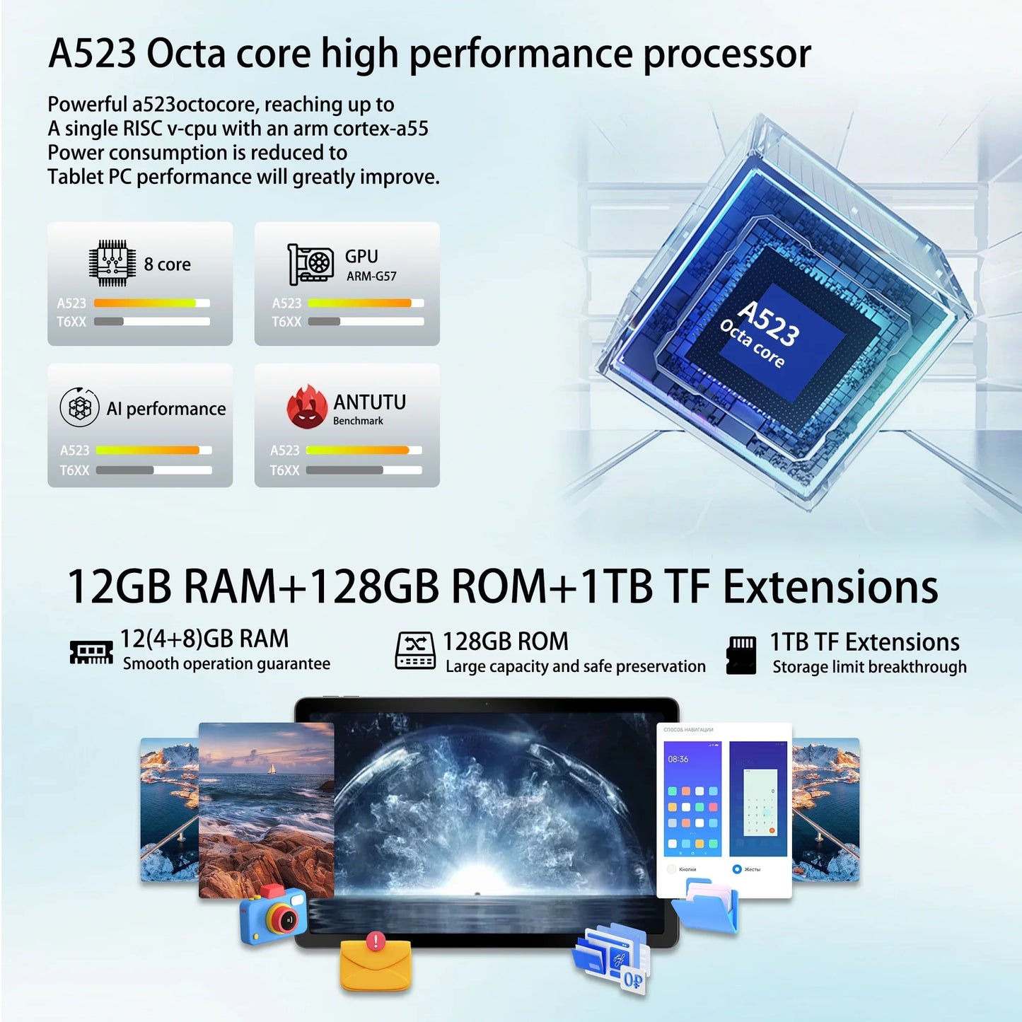 11 Inch Android 14 Tablet 12GB RAM 128GB ROM Octa-Core - Clear Blue Hub 