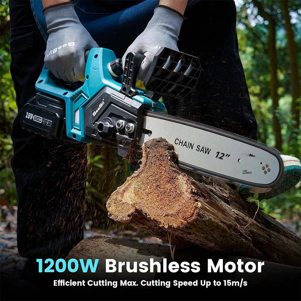 Seesii 12 Inch Brushless Electric Chainsaw Cordless Tool - Clear Blue Hub 