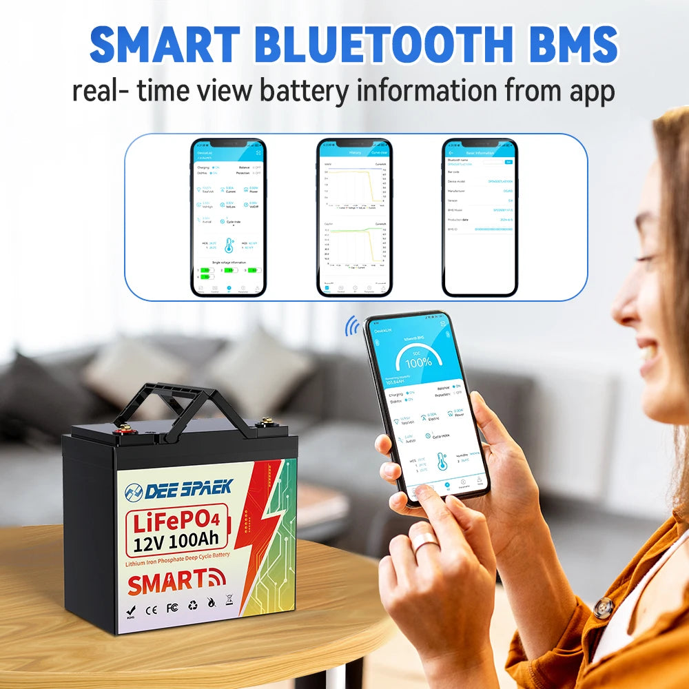 12V 100AH LiFePO4 Lithium Battery Pack With Bluetooth BMS - Clear Blue Hub 