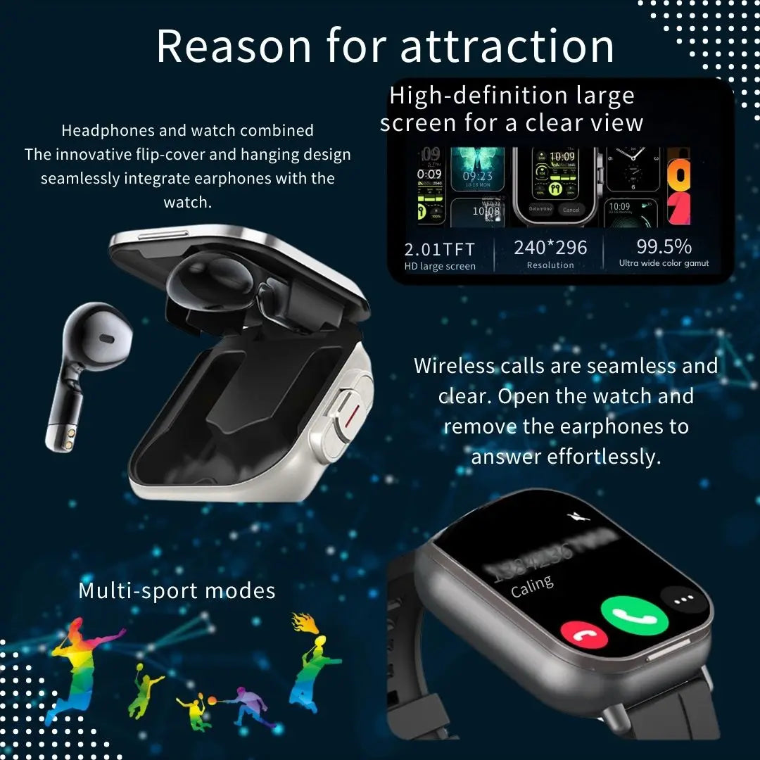 2 in 1 Smartwatch with Earbuds for iPhone and Android - Clear Blue Hub 