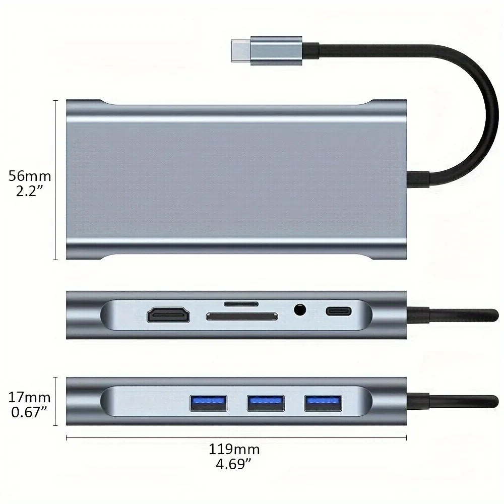 10 in 1 USB C Hub 4K Adapter for MacBook and More - Clear Blue Hub 