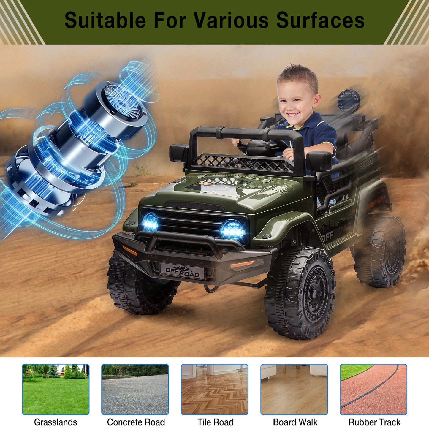 12V Kids Ride On Truck with Remote Control and LED Lights - Clear Blue Hub 