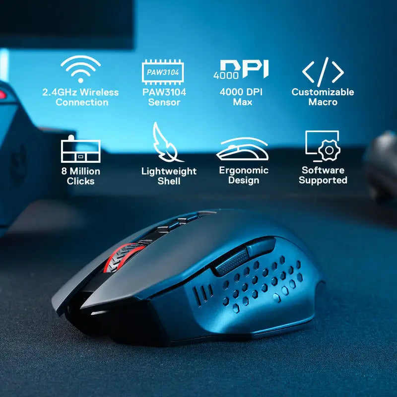 Redragon M656 Gainer Wireless Gaming Mouse 4000 DPI - Clear Blue Hub 