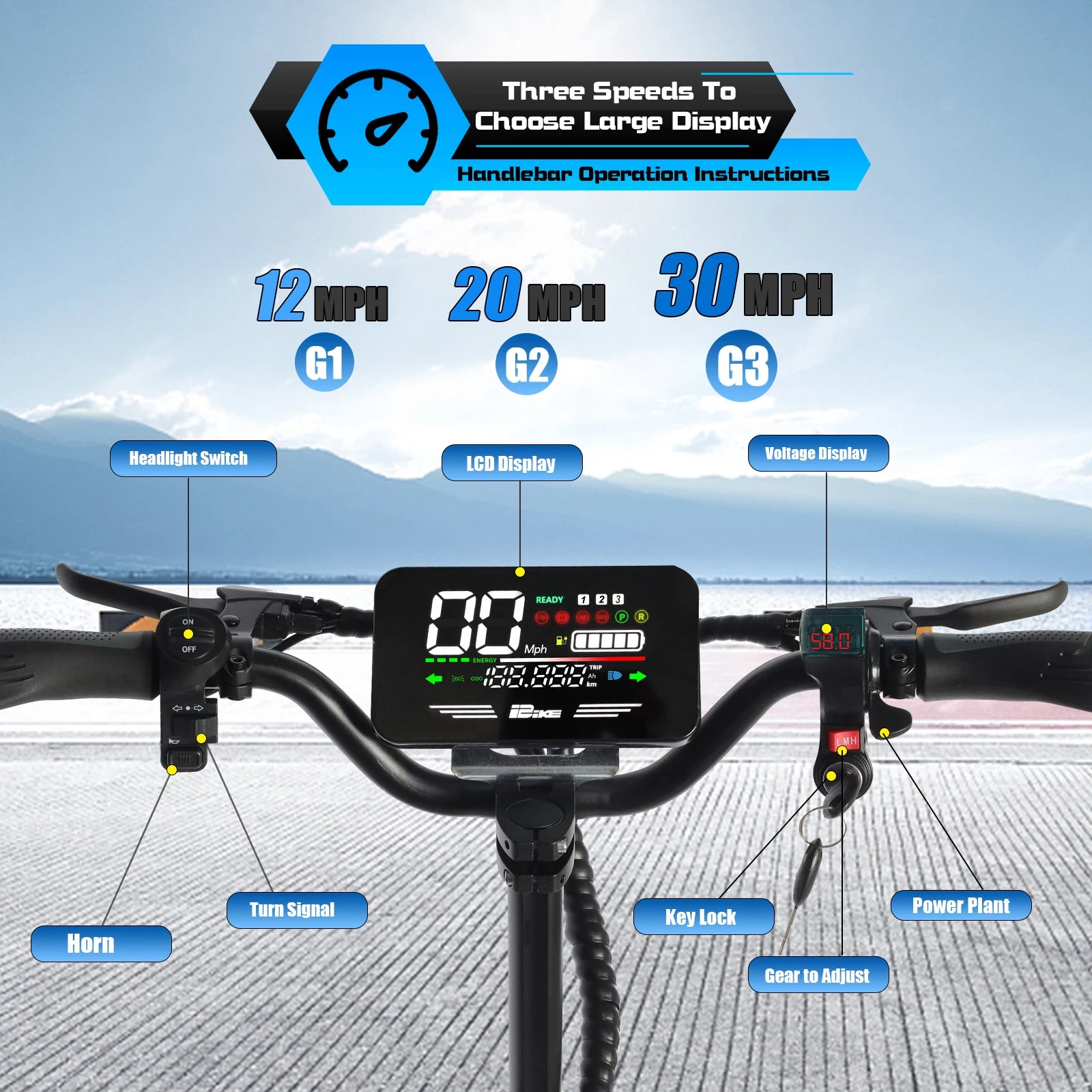 Arwibon Q30 Electric Scooter 2500W 30MPH Off-Road Folding - Clear Blue Hub 