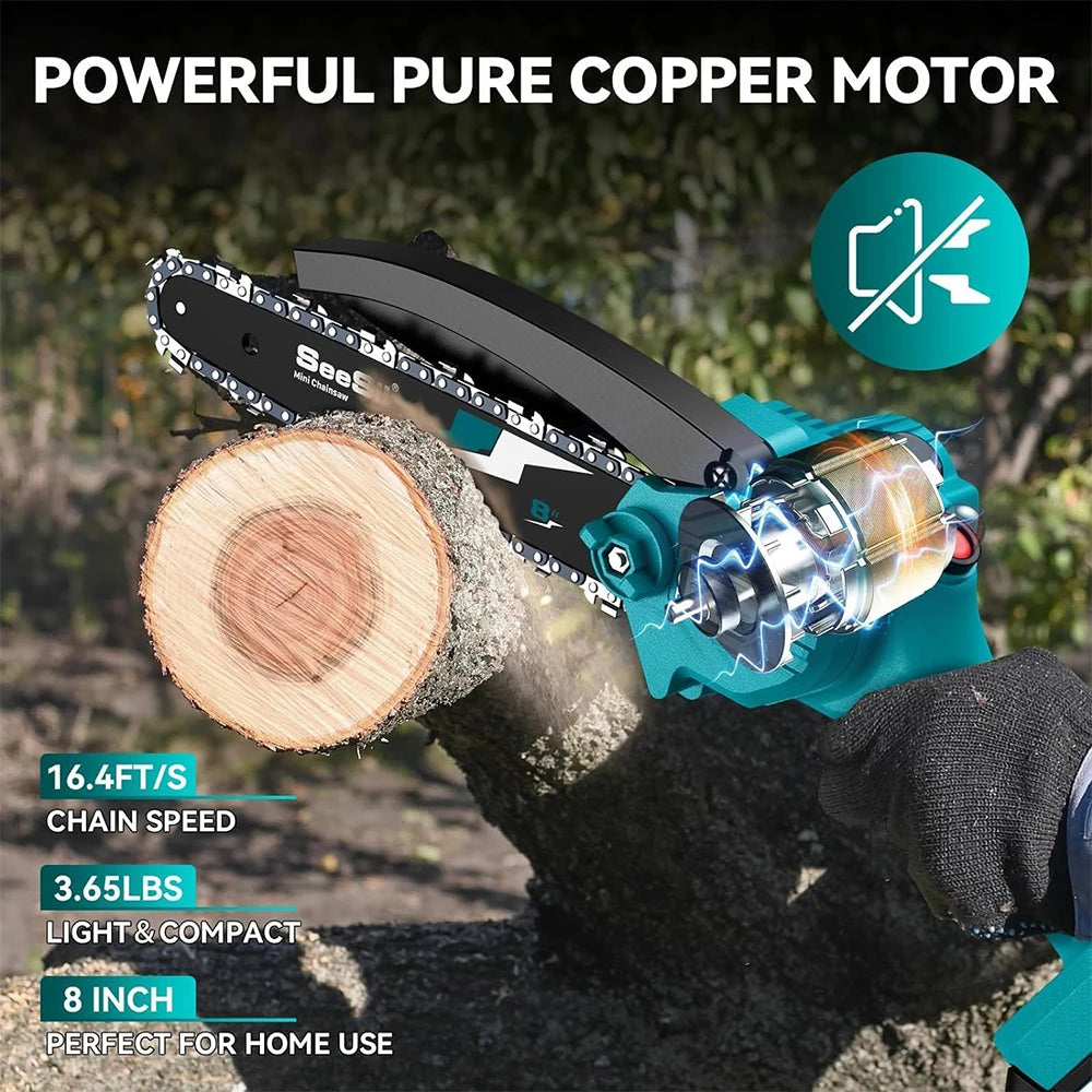Seesii 8 Inch Cordless Mini Chainsaw for Garden Pruning - Clear Blue Hub 