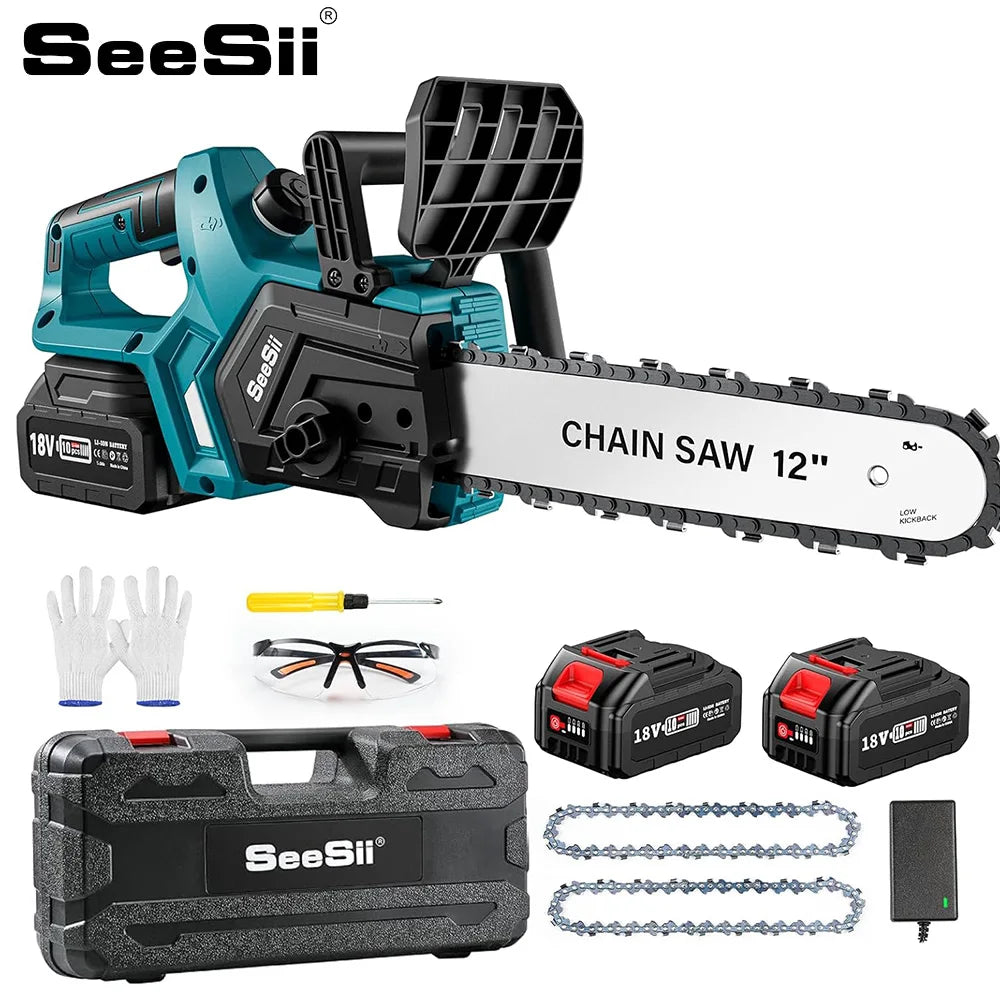 Seesii 12 Inch Brushless Electric Chainsaw Cordless Tool - Clear Blue Hub 