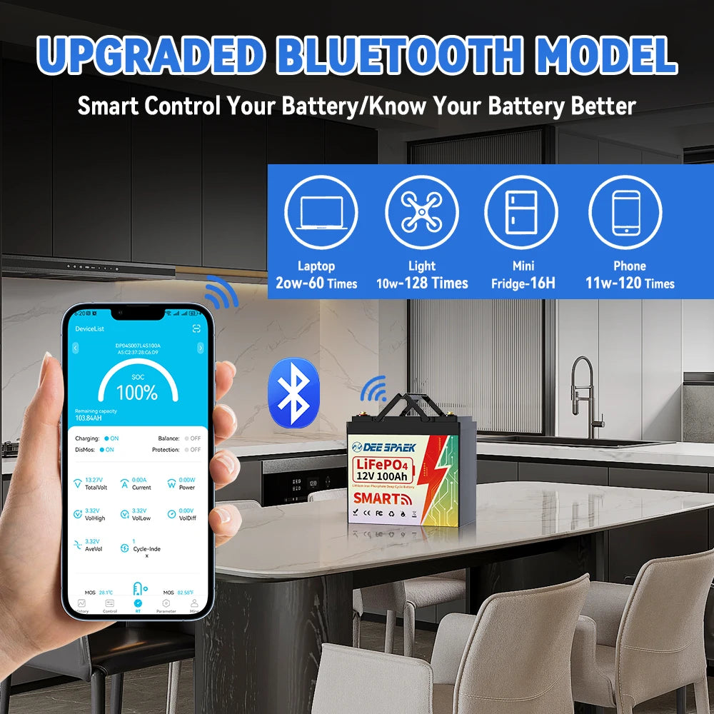 12V 100AH LiFePO4 Lithium Battery Pack With Bluetooth BMS - Clear Blue Hub 