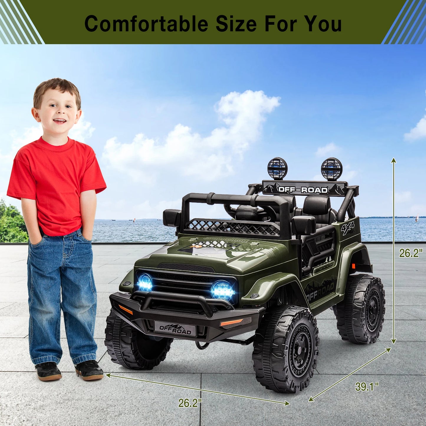 12V Kids Ride On Truck with Remote Control and LED Lights - Clear Blue Hub 