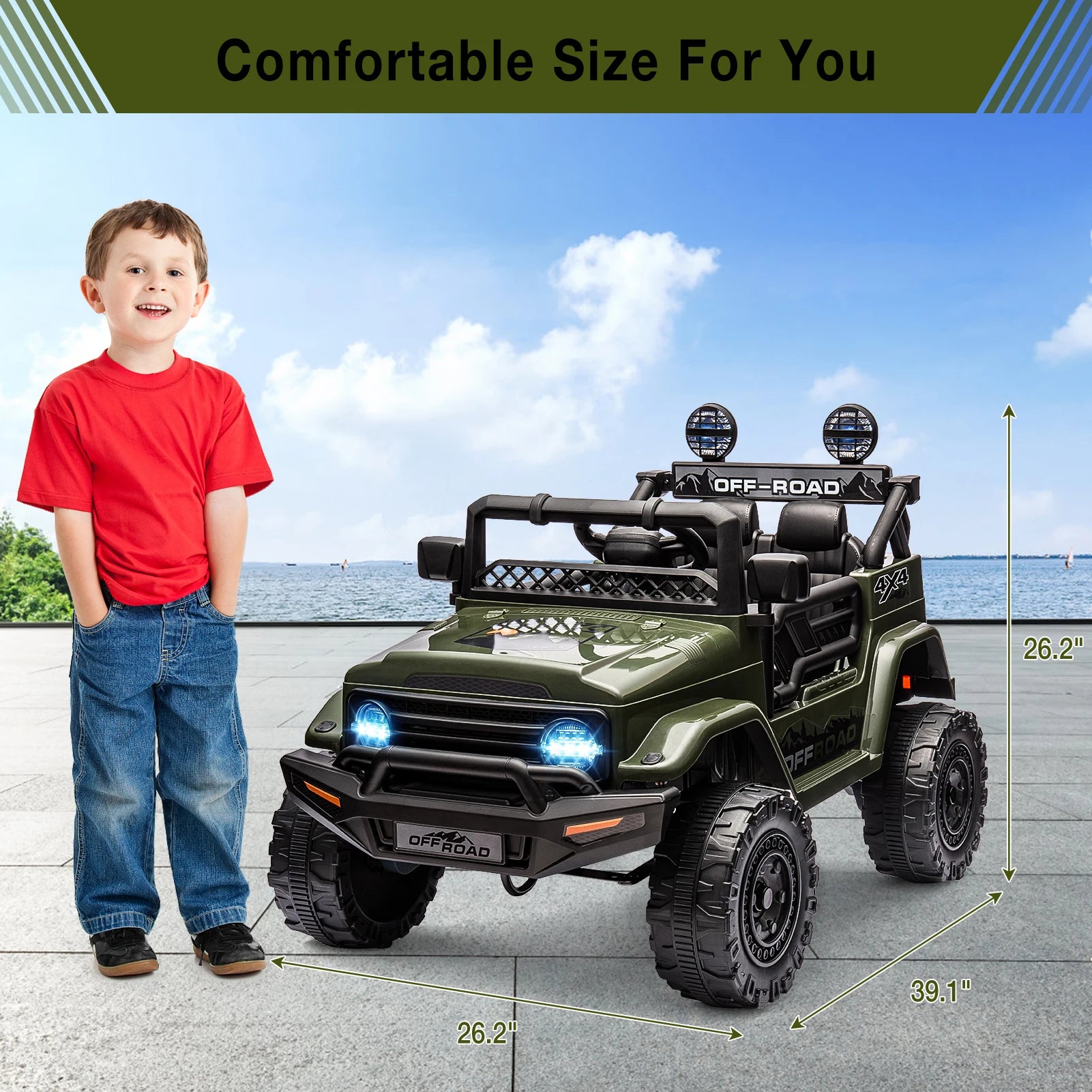 12V Kids Ride On Truck with Remote Control and LED Lights - Clear Blue Hub 