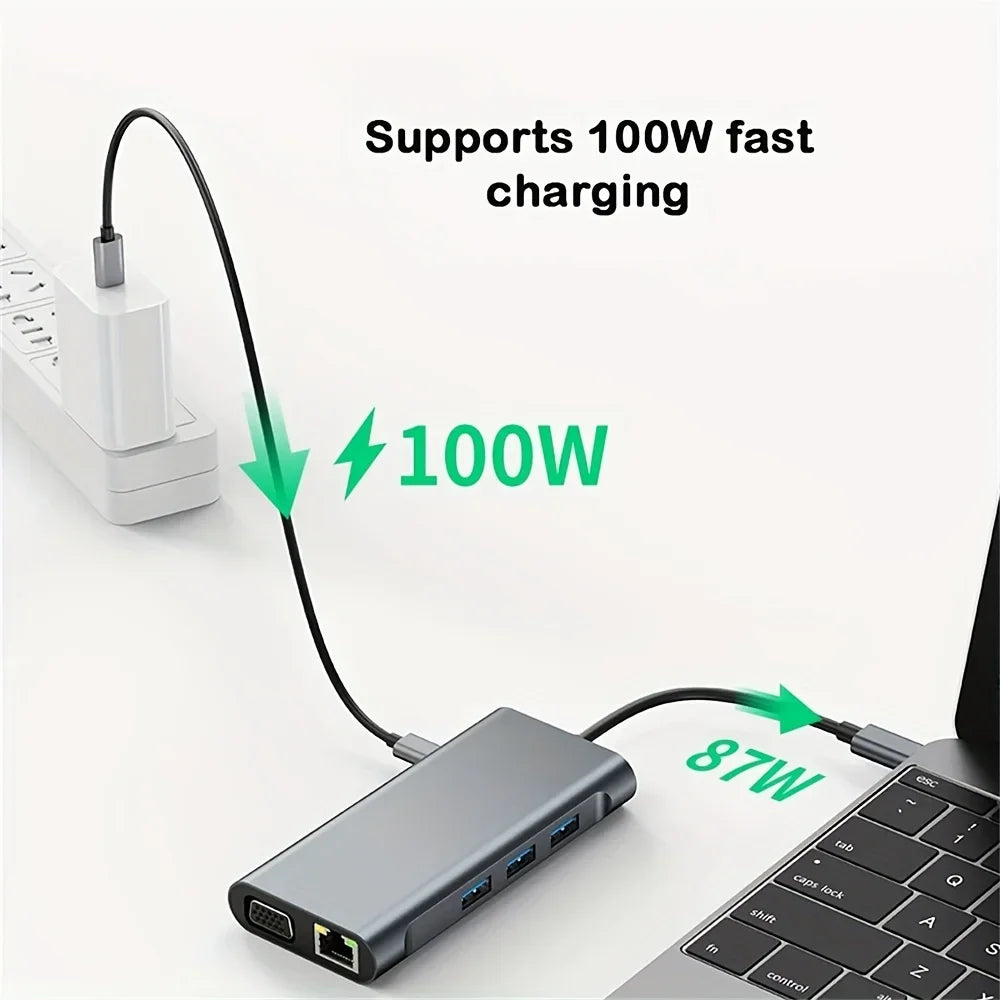 10 in 1 USB C Hub 4K Adapter for MacBook and More - Clear Blue Hub 