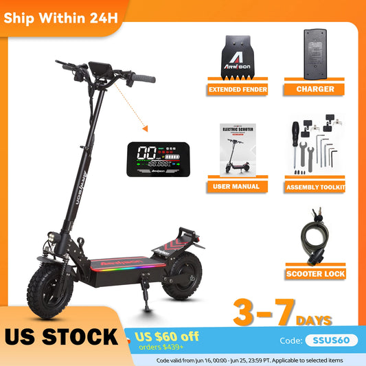 Arwibon Q30 Electric Scooter 2500W 30MPH Off-Road Folding - Clear Blue Hub 