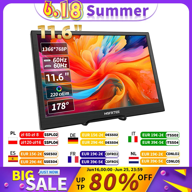 HGFRTEE 11.6 Inch Portable Gaming Monitor HDMI Compatible - Clear Blue Hub 