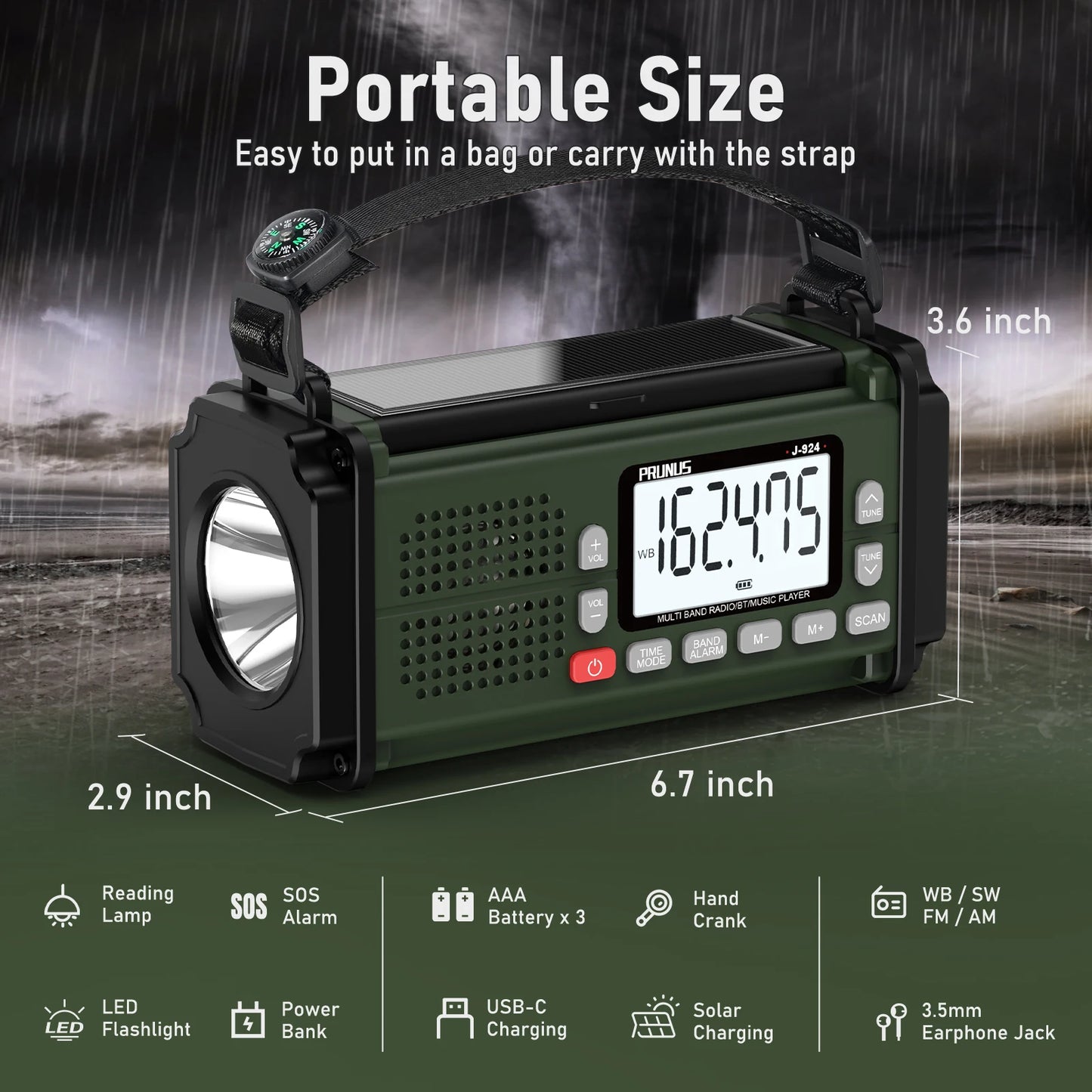 Prunus 924 10000mAh Hand Crank Emergency Solar Radio - Clear Blue Hub 