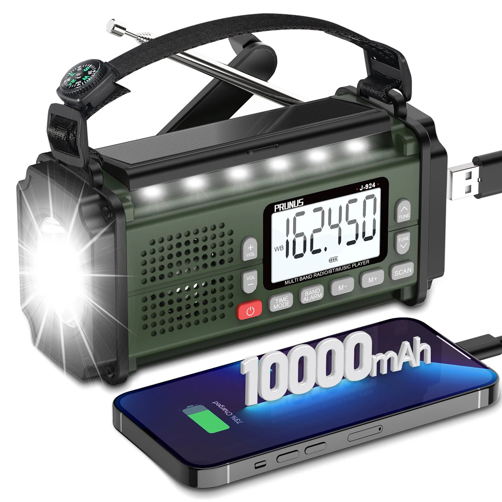 Prunus 924 10000mAh Hand Crank Emergency Solar Radio - Clear Blue Hub 