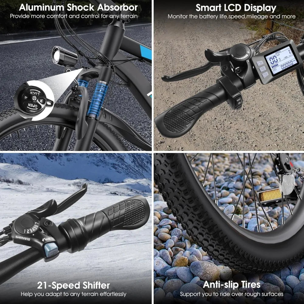 Electric Bike 50 Miles Range 21 Speed Commuter E Bike Blue - Clear Blue Hub 