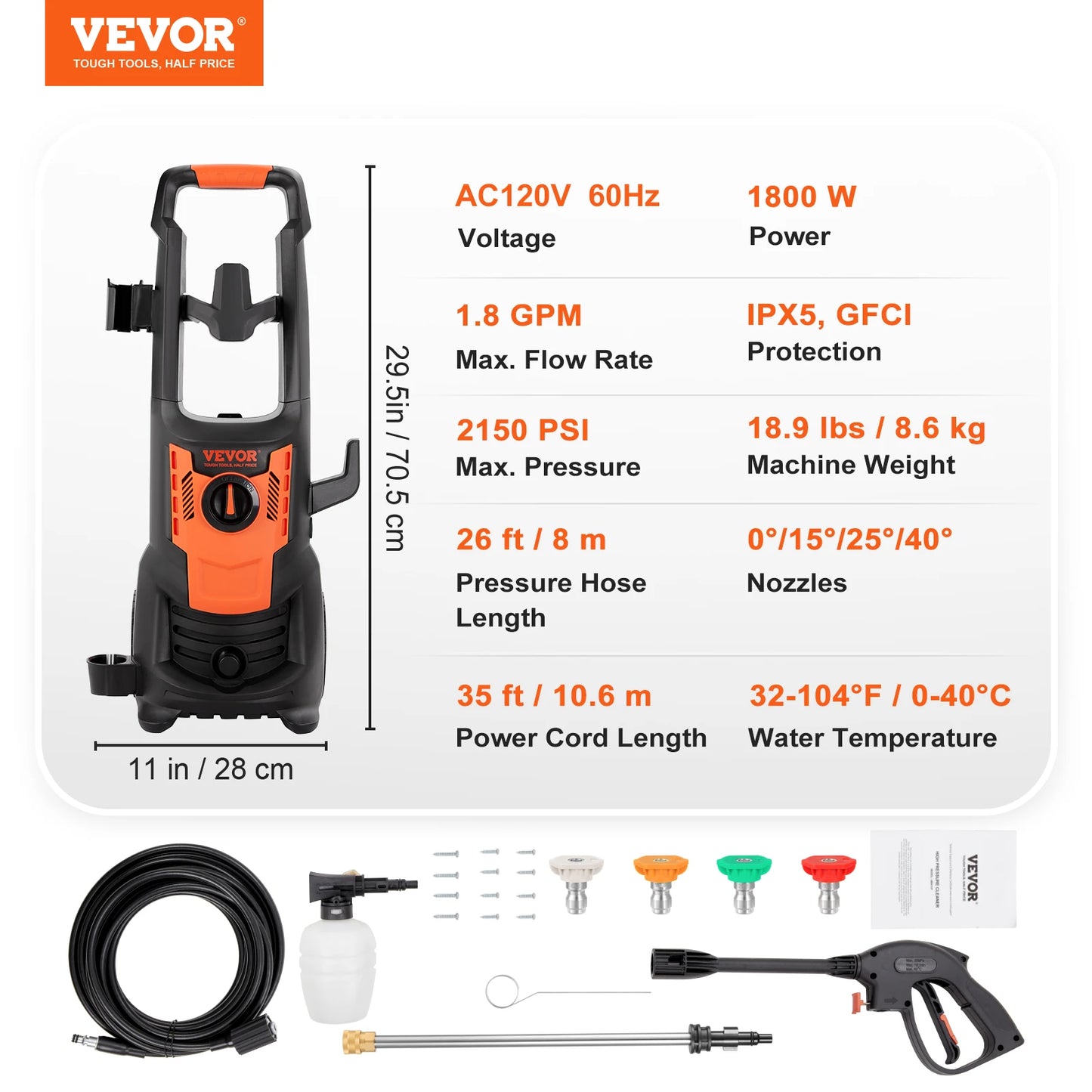 VEVOR Electric Pressure Washer with Quick Connect Nozzles - Clear Blue Hub 