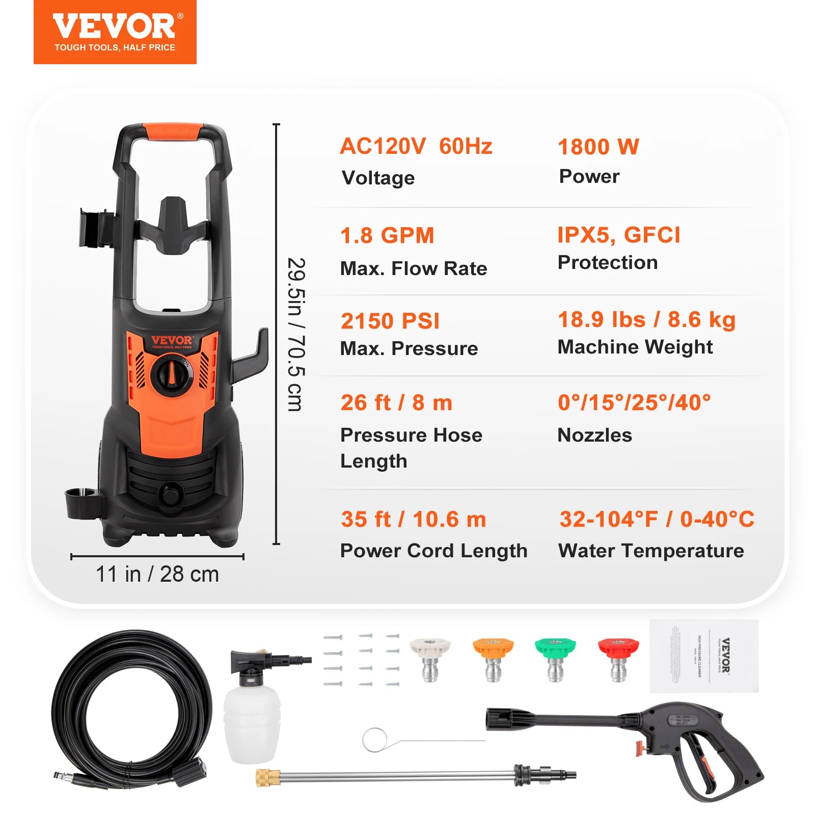 VEVOR Electric Pressure Washer with Quick Connect Nozzles - Clear Blue Hub 