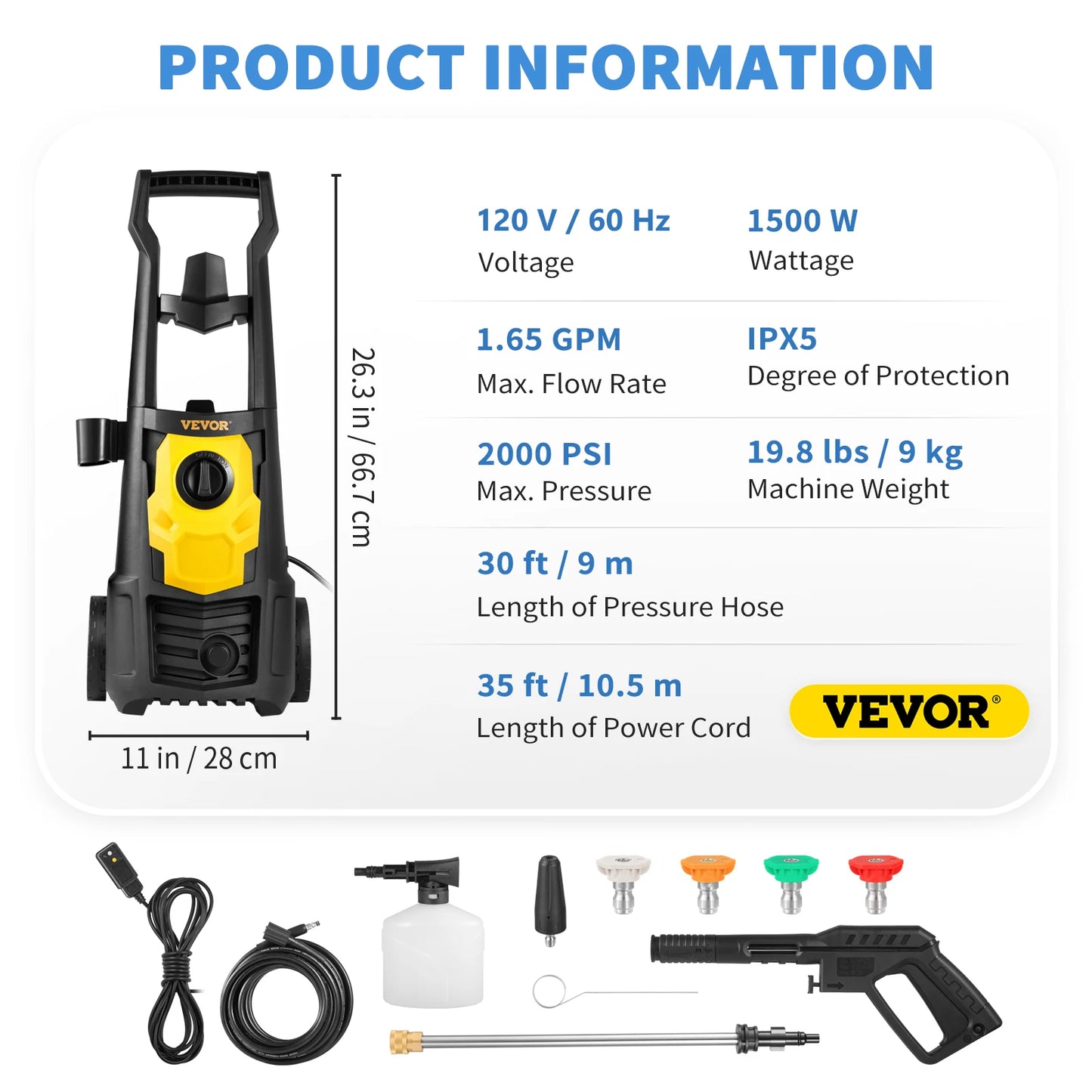 VEVOR Electric Pressure Washer with Quick Connect Nozzles - Clear Blue Hub 