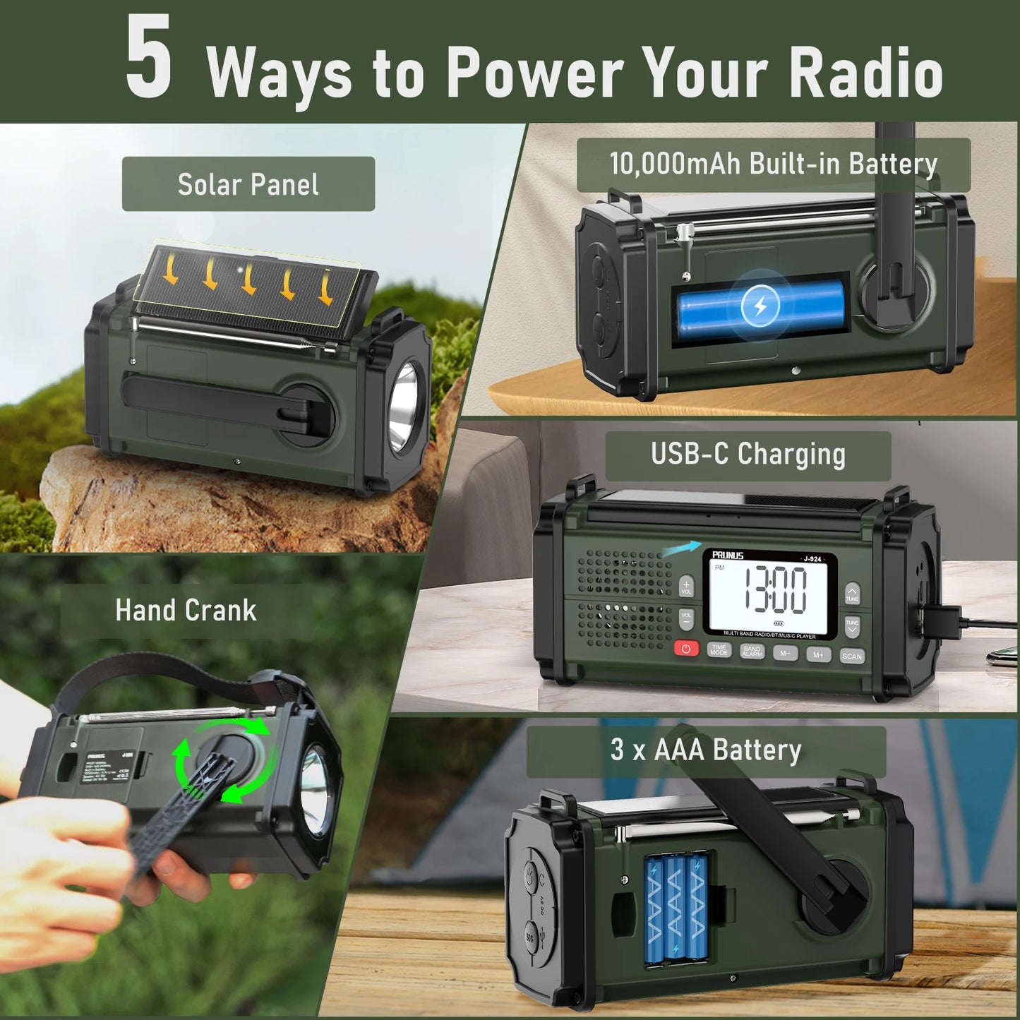Prunus 924 10000mAh Hand Crank Emergency Solar Radio - Clear Blue Hub 