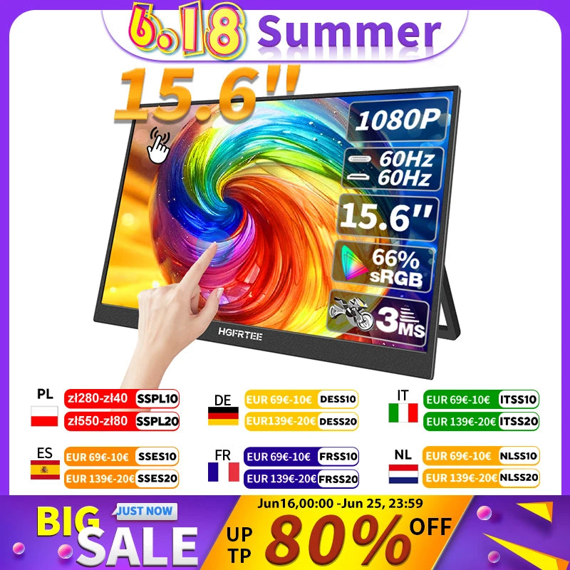 15.6 Inch Touch Portable Monitor for Laptop and Gaming - Clear Blue Hub 