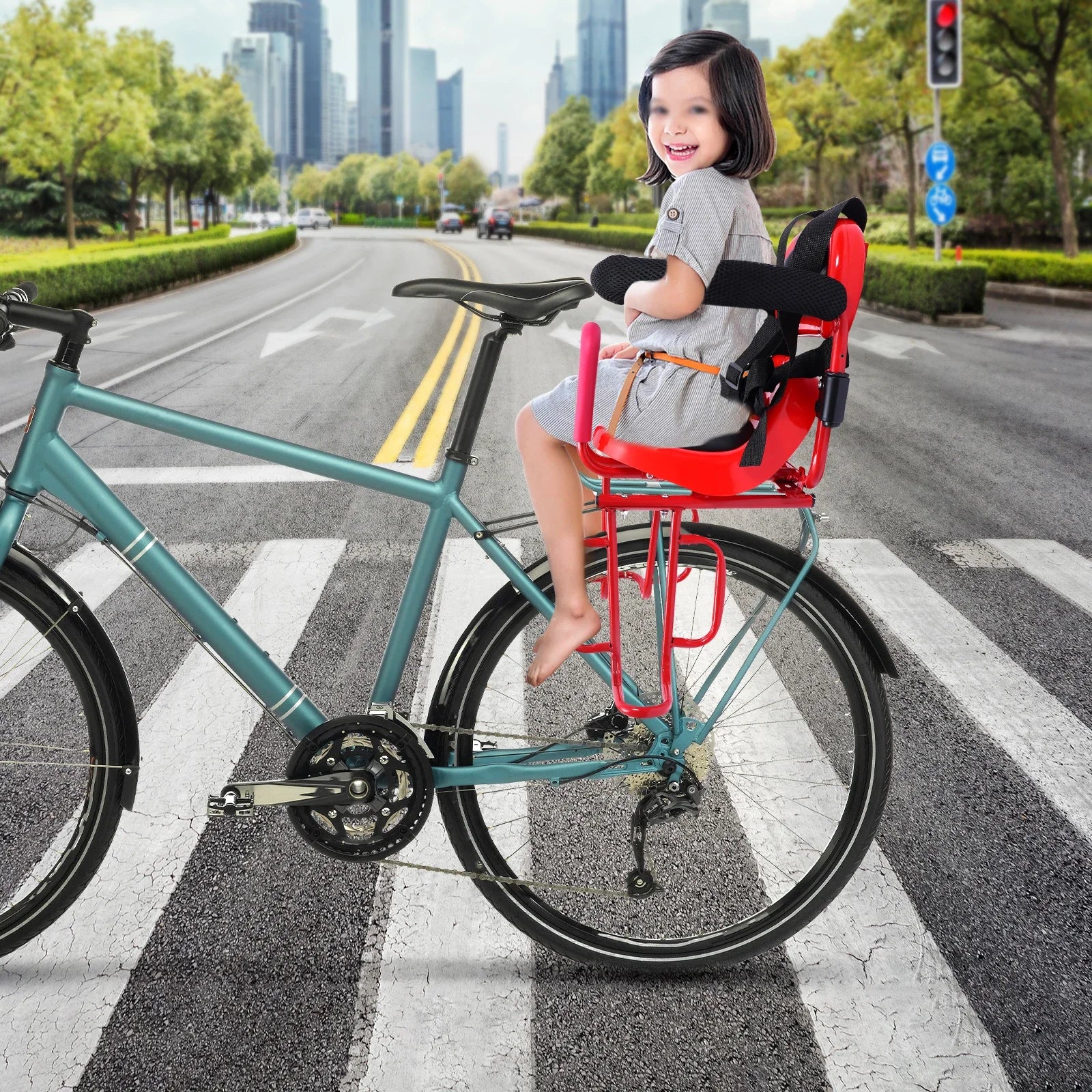 Red Kids Bike Seat Rear Mounted Safe Child Carrier Seat - Clear Blue Hub 