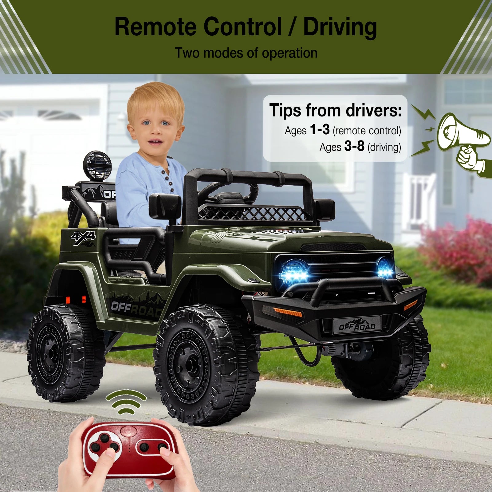 12V Kids Ride On Truck with Remote Control and LED Lights - Clear Blue Hub 
