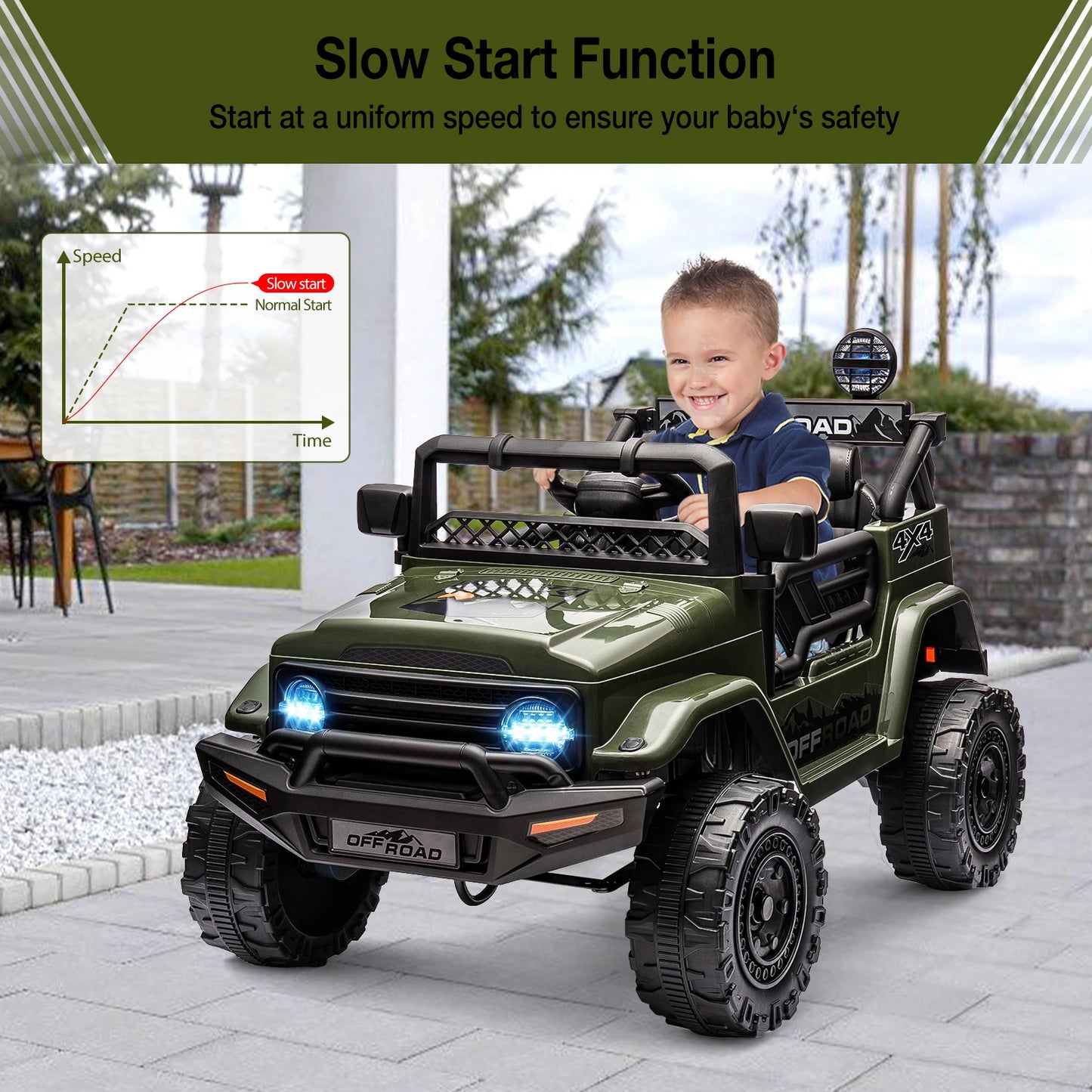 12V Kids Ride On Truck with Remote Control and LED Lights - Clear Blue Hub 