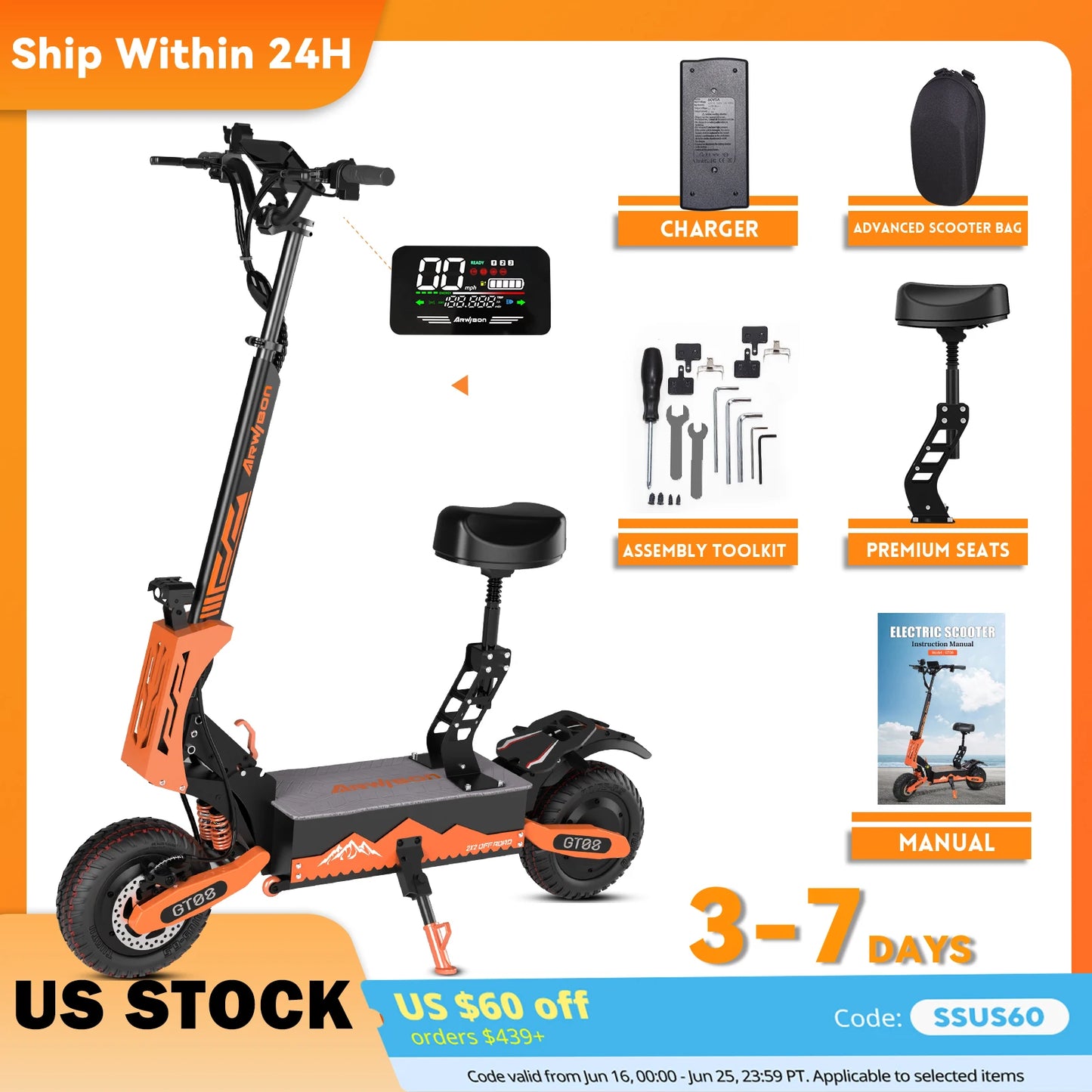 Arwibon 5600W Adult Electric Scooter Dual Motor 46MPH Speed - Clear Blue Hub 