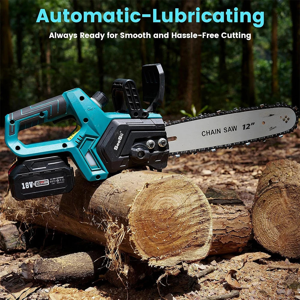 Seesii 12 Inch Brushless Electric Chainsaw Cordless Tool - Clear Blue Hub 