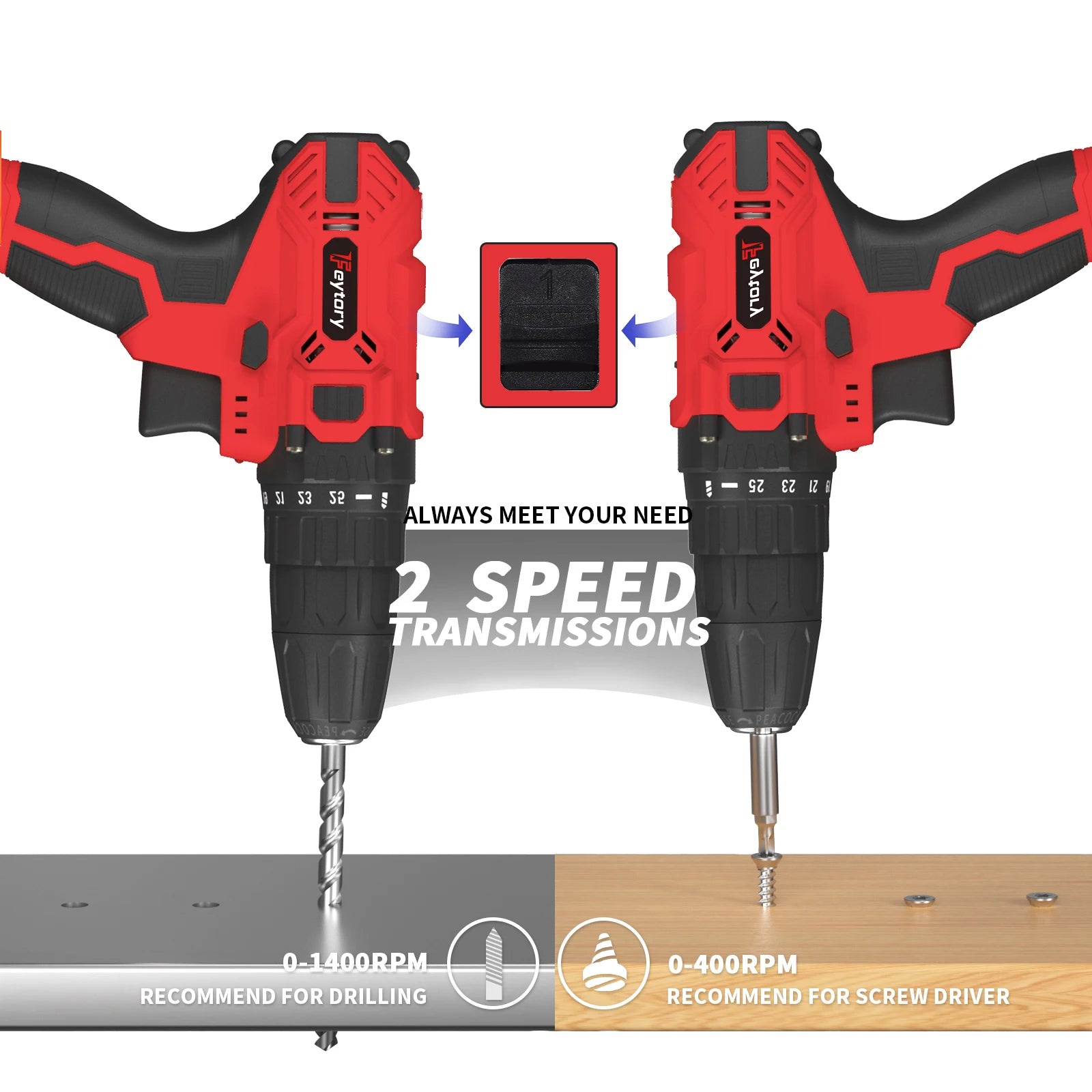 Feytory 21V Cordless Power Drill 1500mAh 25 Plus 1 Torque - Clear Blue Hub 