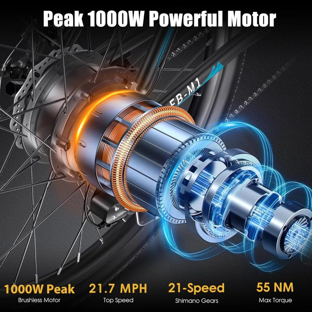 Electric Bike 50 Miles Range 21 Speed Commuter E Bike Blue - Clear Blue Hub 