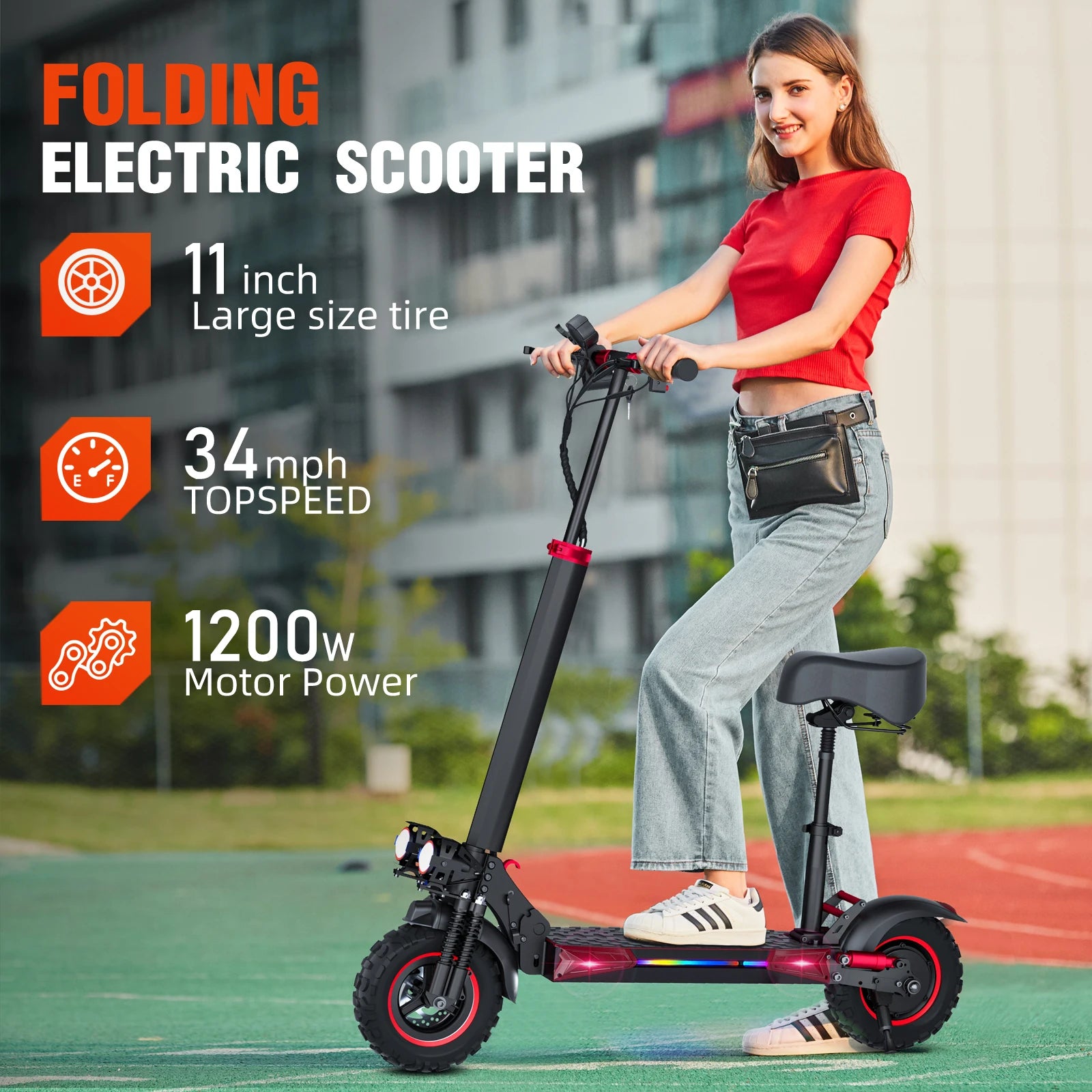 J11MAX Foldable Waterproof Adult Electric Scooter 48V 1200W - Clear Blue Hub 